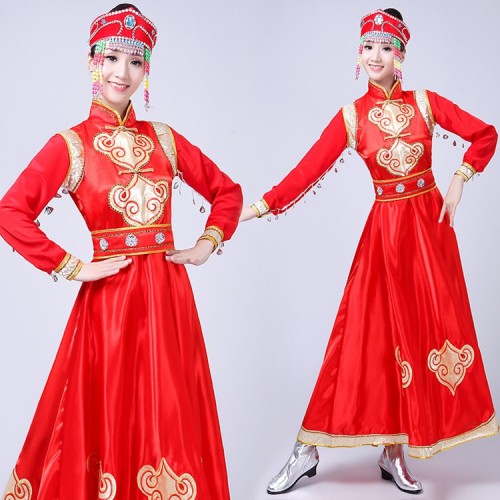 Mongolian dance dresses cheap Chinese folk dance dresses minority red Mongolia stage performance drama Asian party cosplay costumes dresses